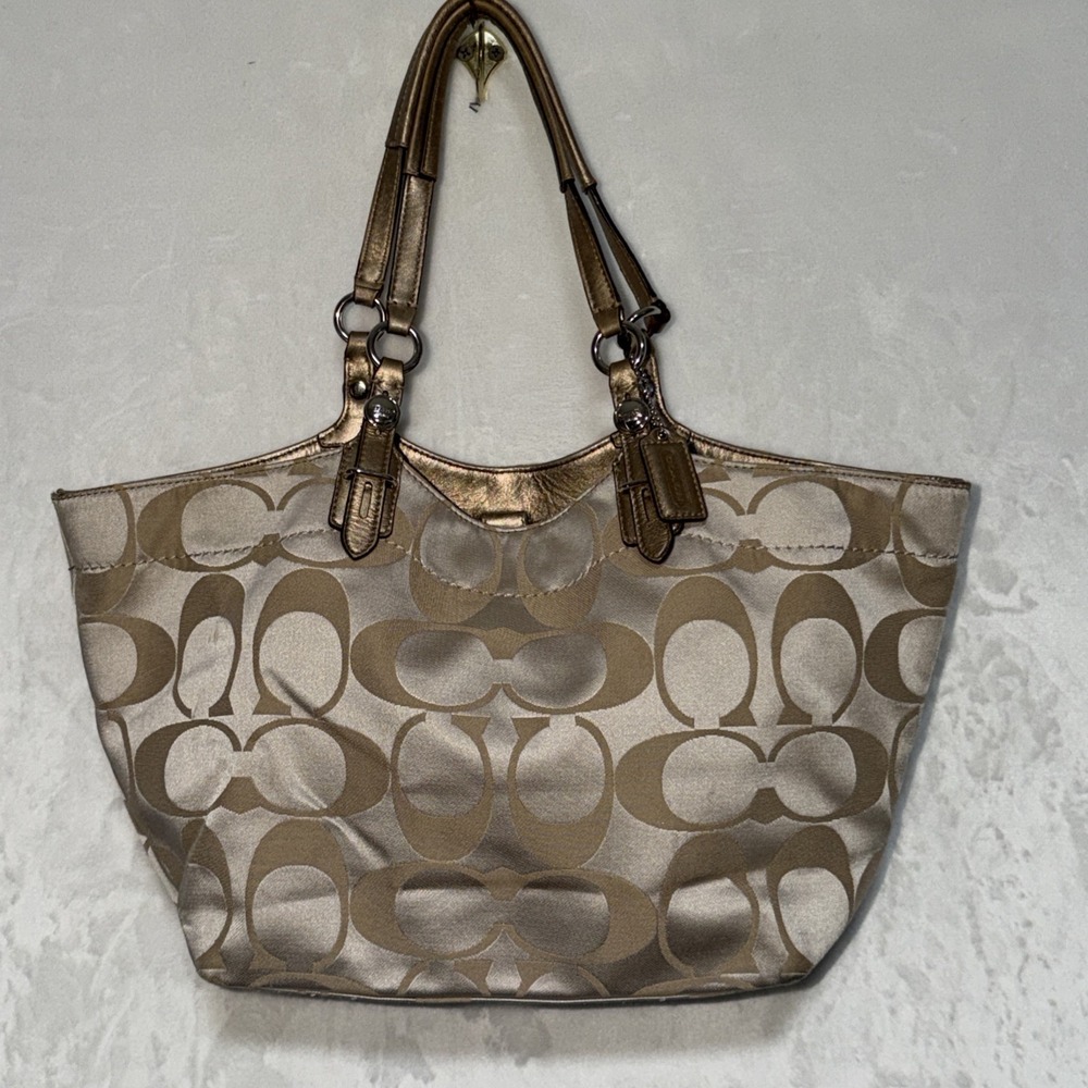 Coach Kahaki TAN SATEEN Jacquard Signature Satchel F16175 HANDBAG